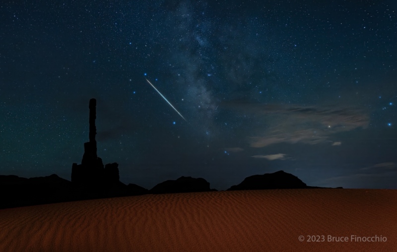 A Streaking Meteor Flashes Across The Milky Way Above The Totem Pole and Sand Dunes